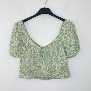 Elodie Women's Large Crop Top Green Sally Floral Blouse Smocked Peasant NWT CH27